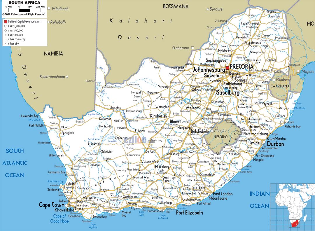 Large road map of South Africa with cities and airports
