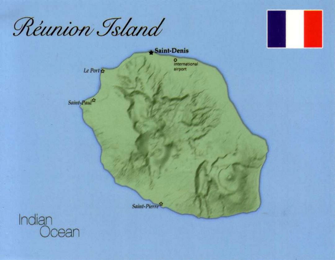 Detailed map of Reunion with flag