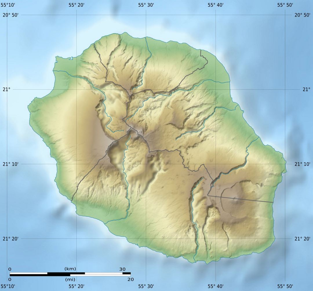 Detailed relief map of Reunion