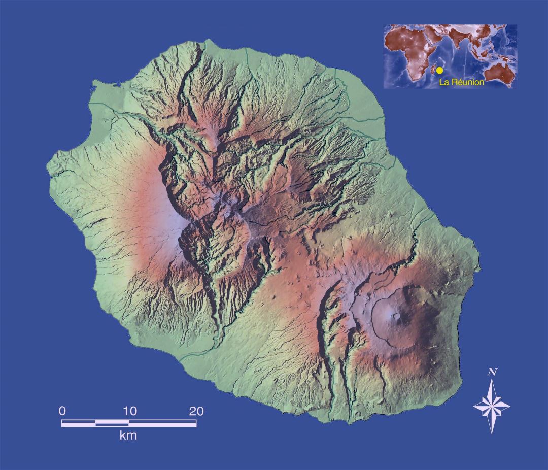 Large detailed relief and location map of Reunion