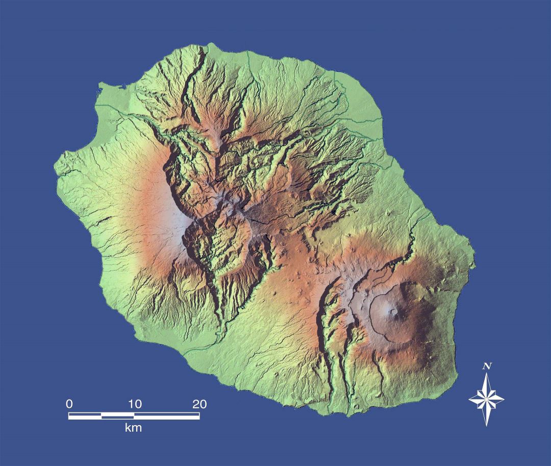 Large detailed relief map of Reunion
