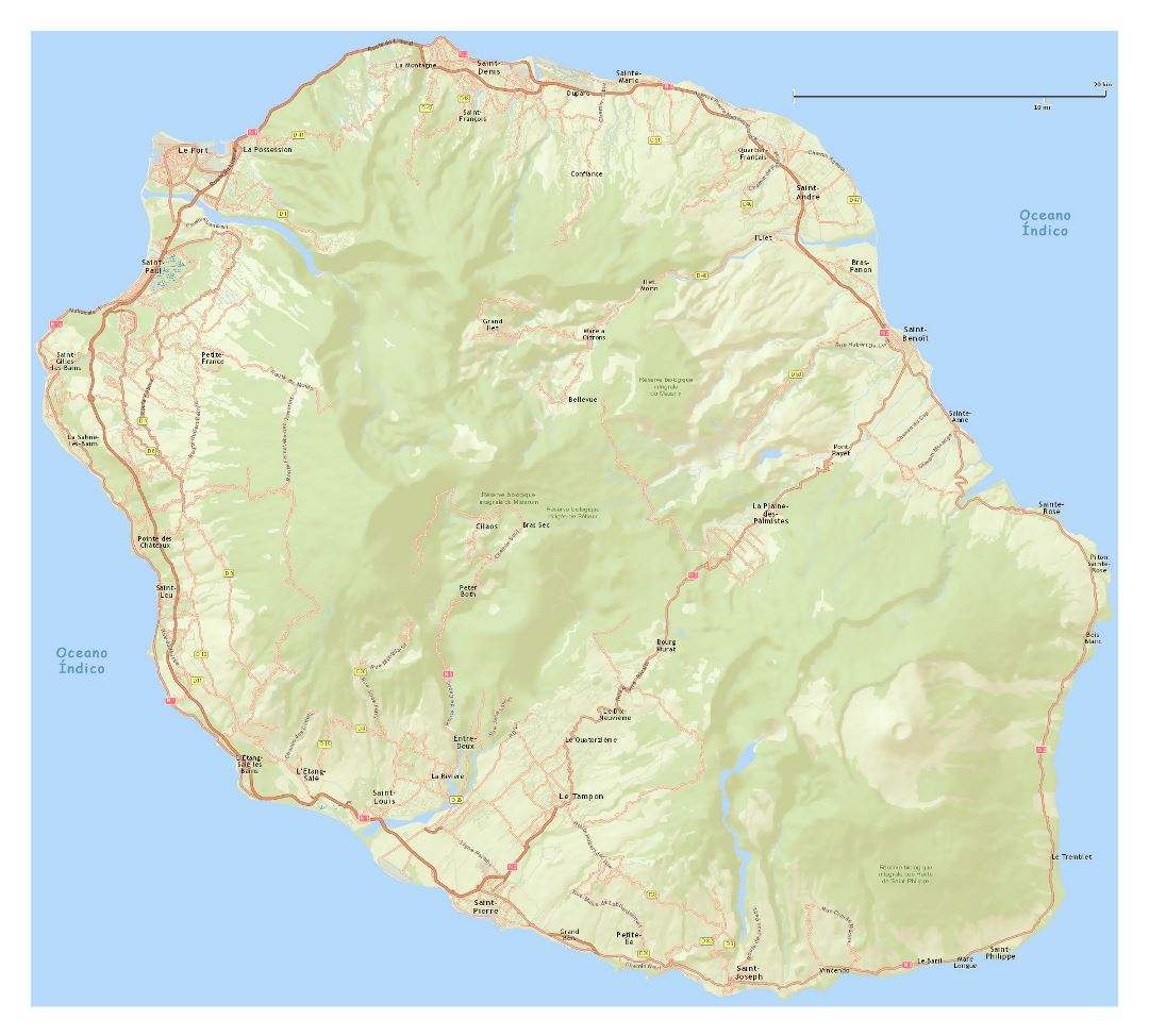 Large map of Reunion with relief, roads and cities