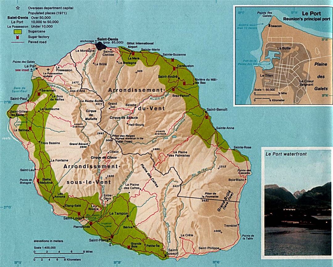 Large political map of Reunion with relief, roads, cities, ports and airports - 1976