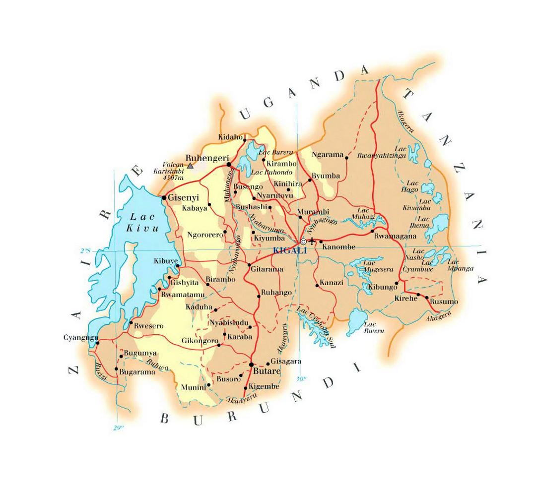 Detailed elevation map of Rwanda with roads, cities and airports