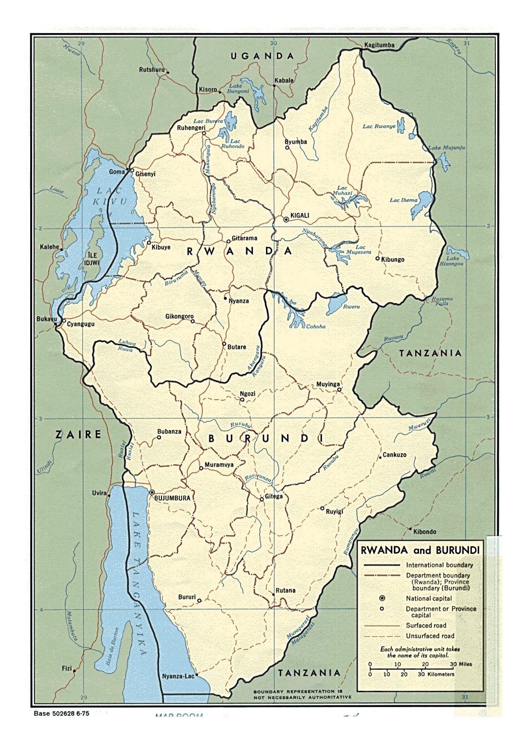 Detailed political and administrative map of Rwanda and Burundi with roads and major cities - 1975