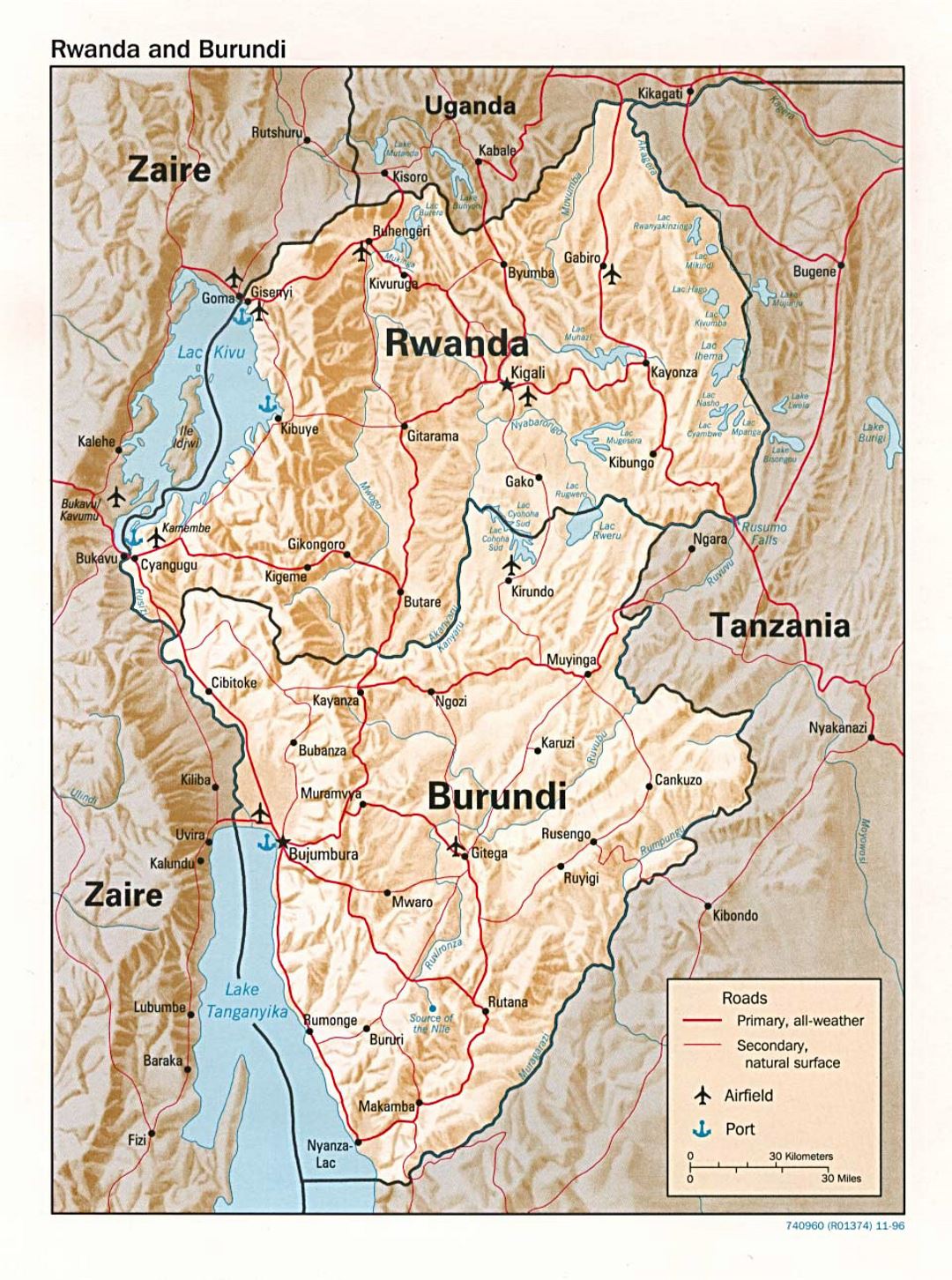 Detailed political map of Rwanda and Burundi with relief, roads, major cities, ports and airports - 1996