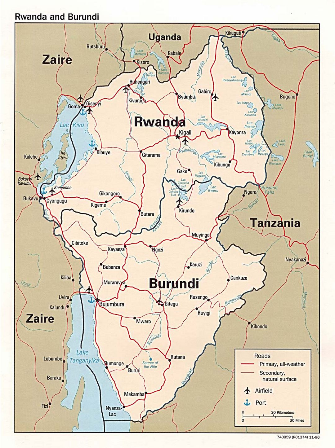 Detailed political map of Rwanda and Burundi with roads, major cities, ports and airports - 1996