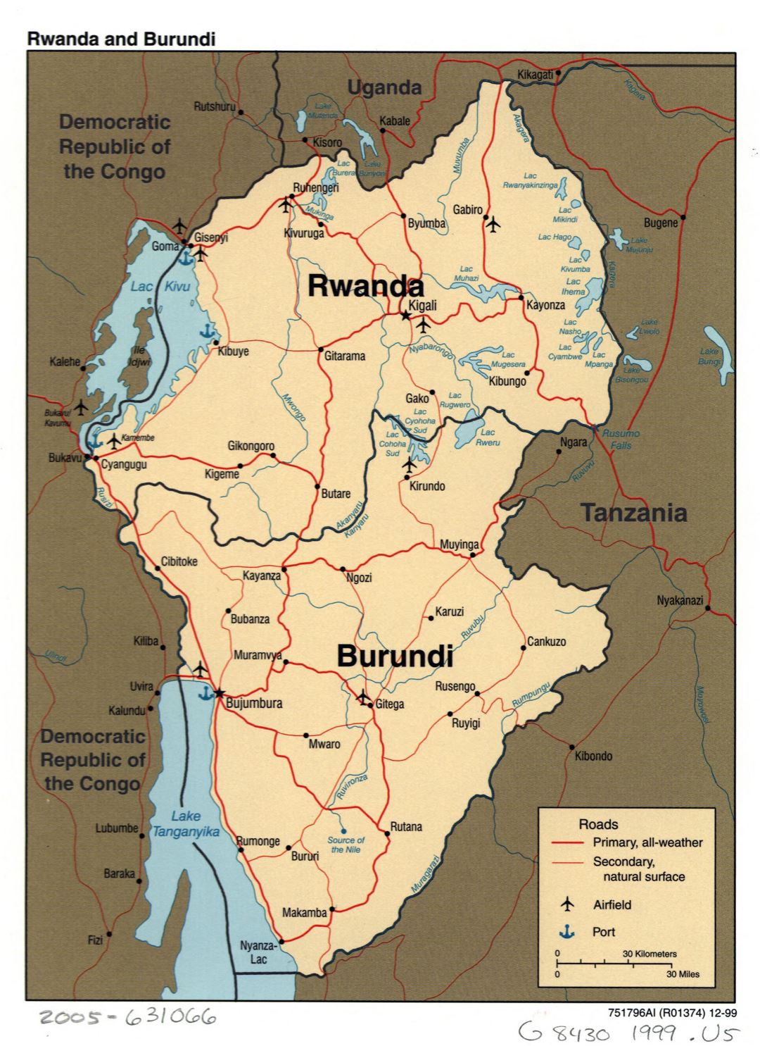 Large detailed political map of Rwanda and Burundi with roads, major cities, ports and airports - 1999