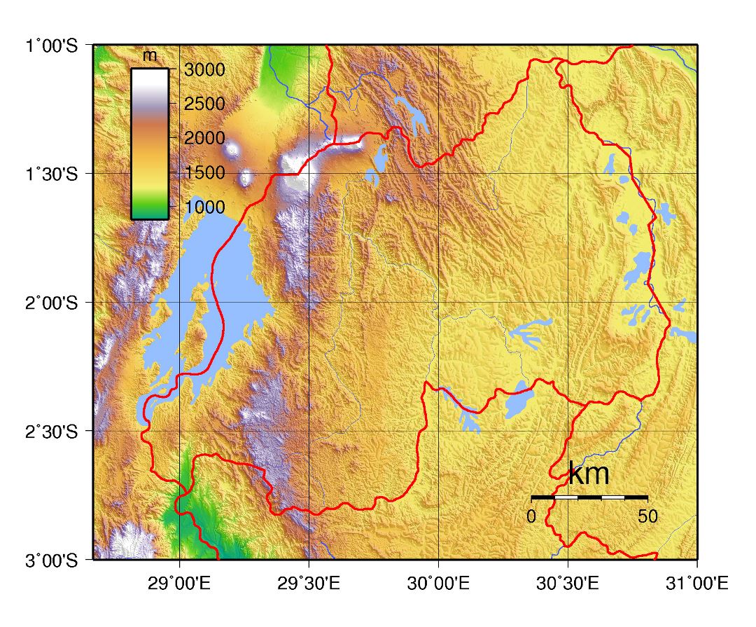 Large physical map of Rwanda