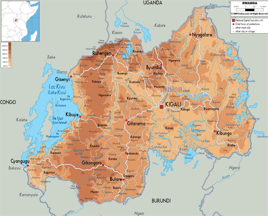 Large physical map of Rwanda with roads, cities and airports