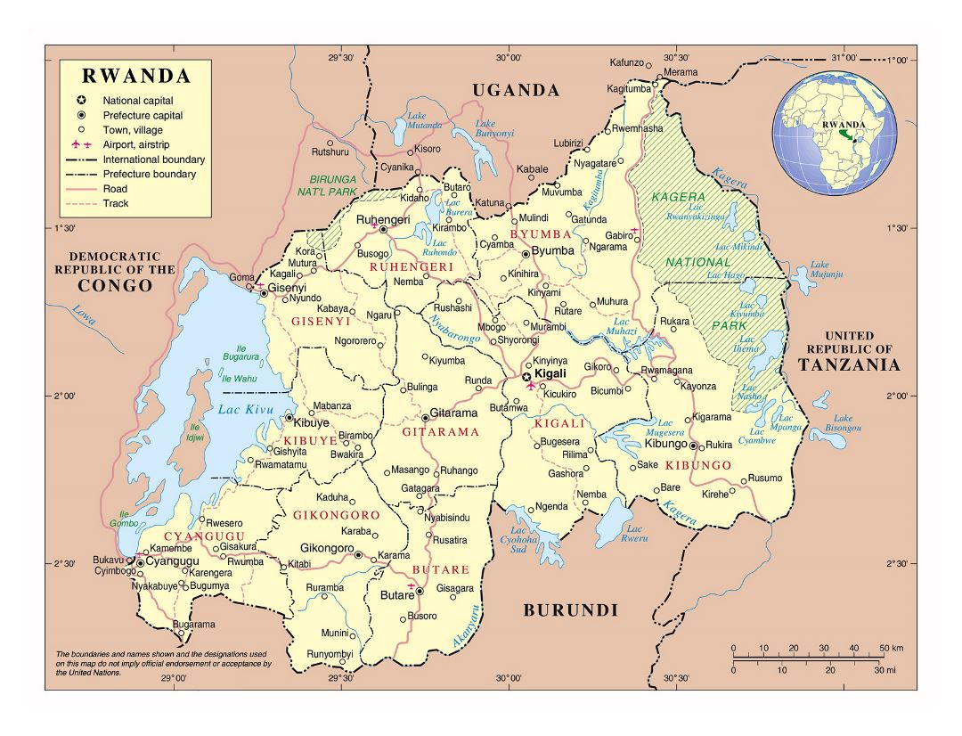 Large political and administrative map of Rwanda with roads, all cities and airports