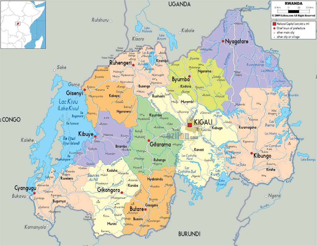 Large political and administrative map of Rwanda with roads, cities and airports