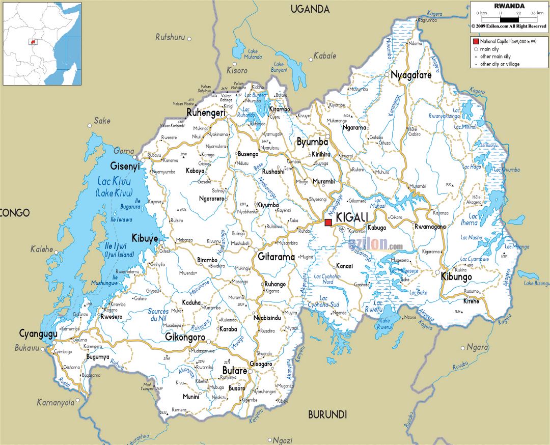 Large road map of Rwanda with cities and airports