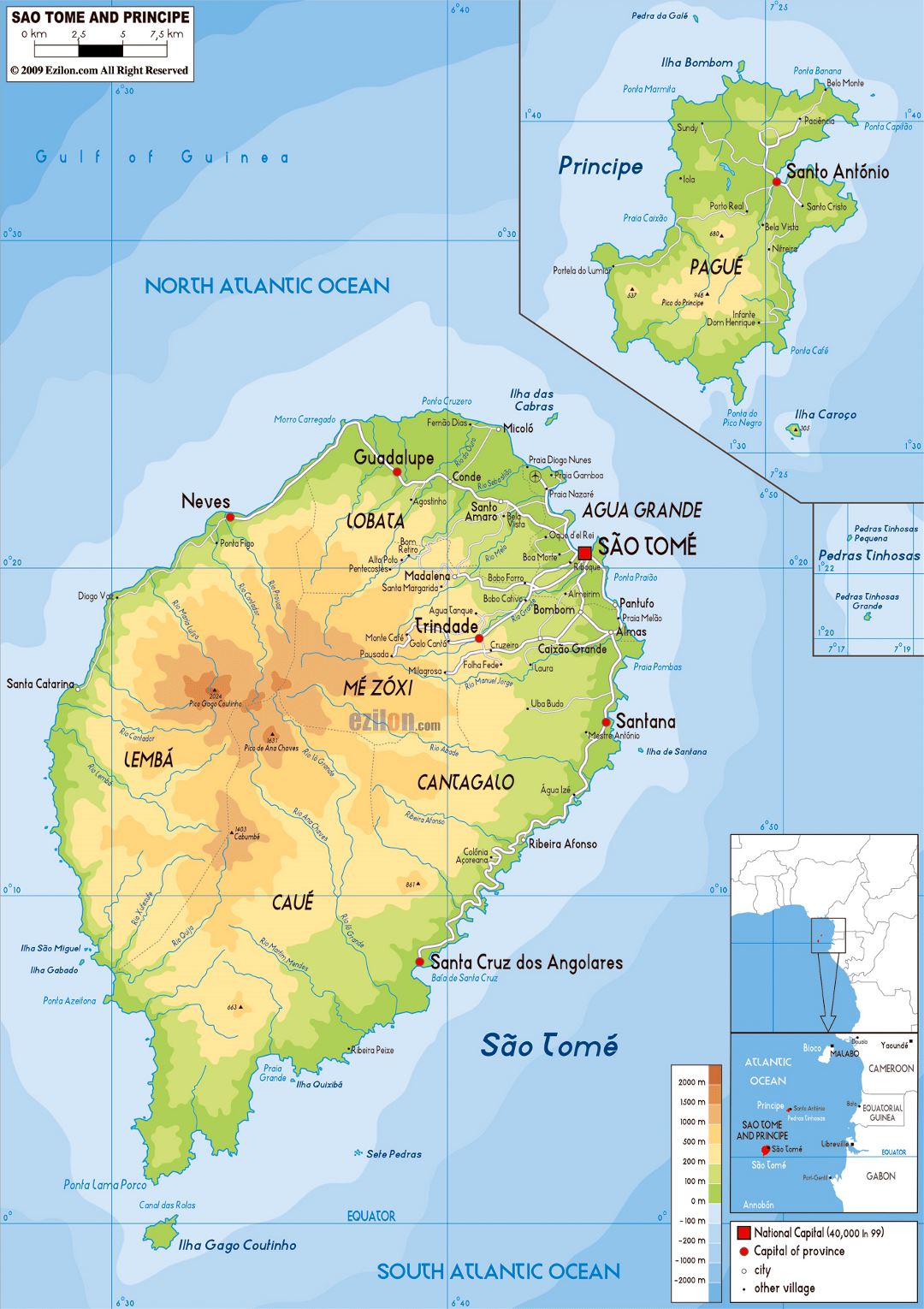 Large physical map of Sao Tome and Principe with roads, cities and airports