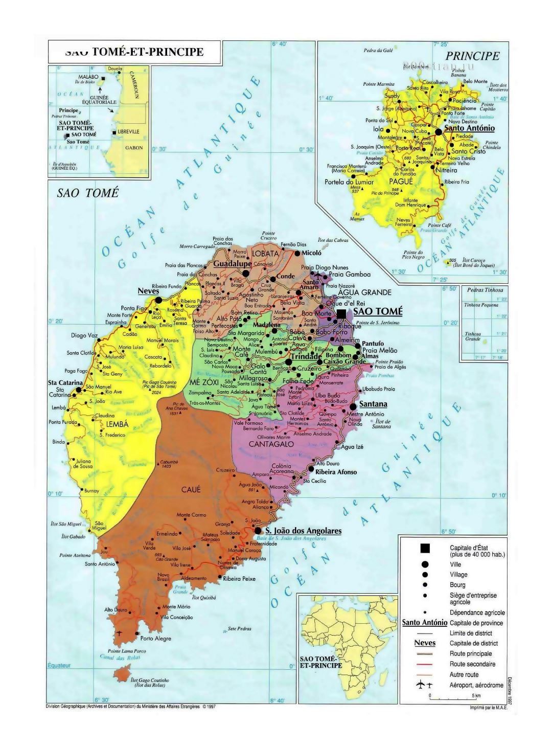 Large political and administrative map of Sao Tome and Principe with all cities, roads and airports