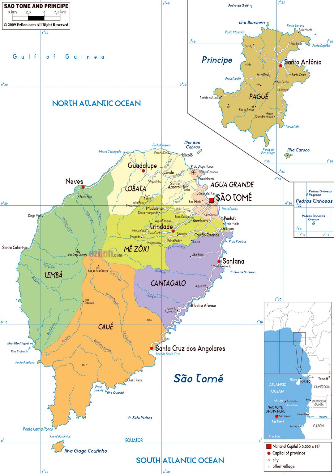 Large political and administrative map of Sao Tome and Principe with roads, cities and airports