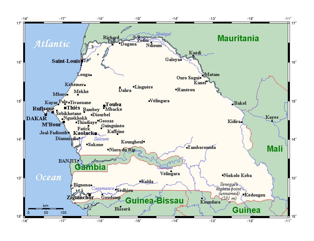 Detailed map of Senegal with all cities