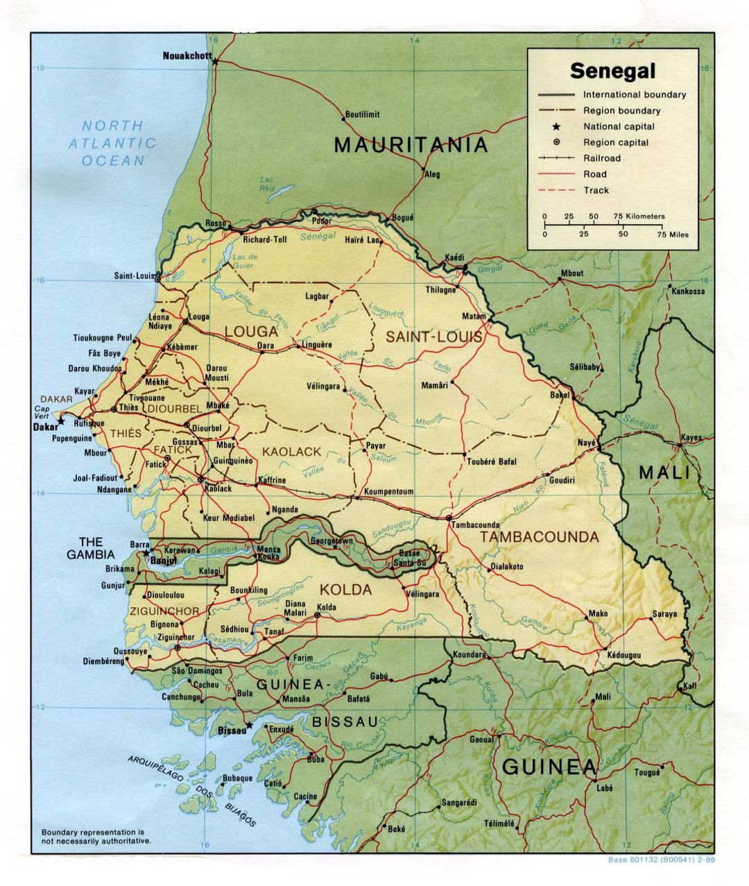 Detailed political and administrative map of Senegal with relief, roads, railroads and major cities - 1989