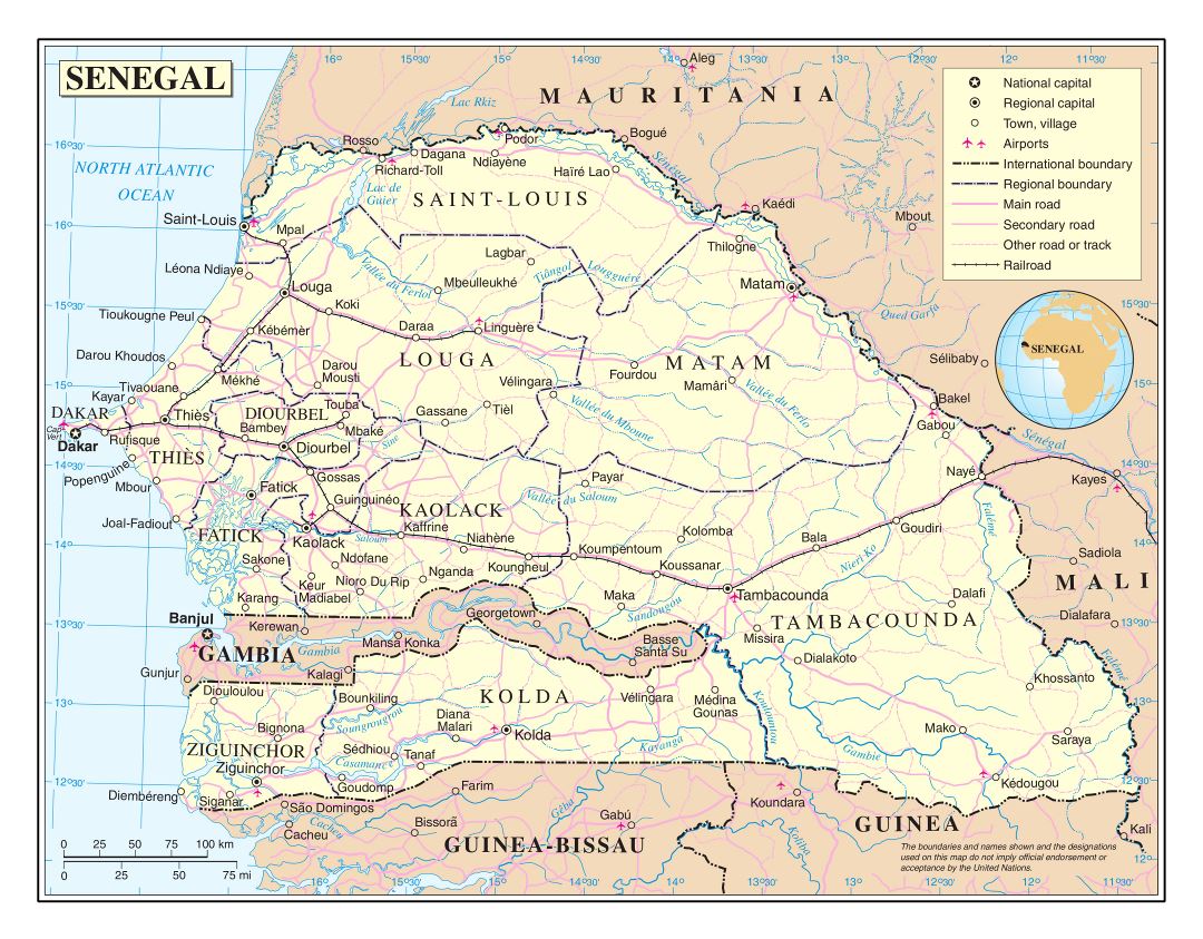 Large detailed political and administrative map of Senegal with roads, railroads, cities and airports