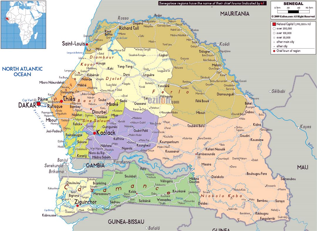 Large political and administrative map of Senegal with roads, cities and airports