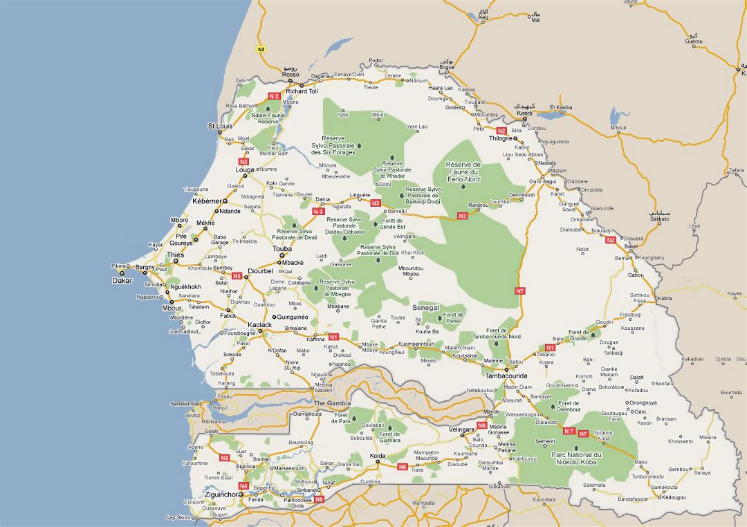 Large road map of Senegal with all cities and national parks