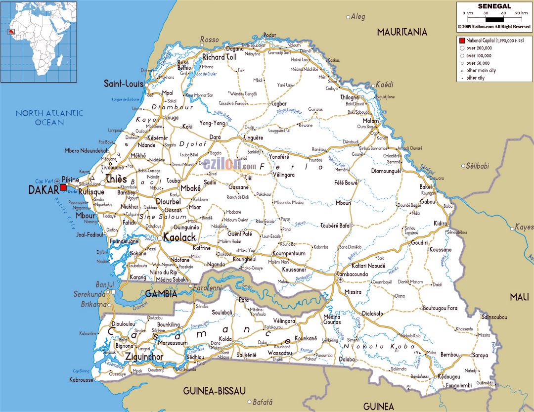 Large road map of Senegal with cities and airports
