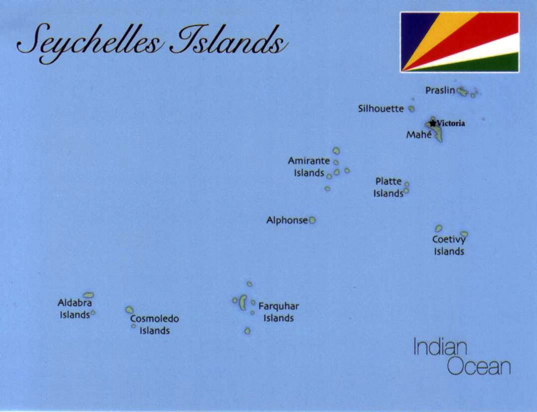 Detailed map of Seychelles Islands with flag