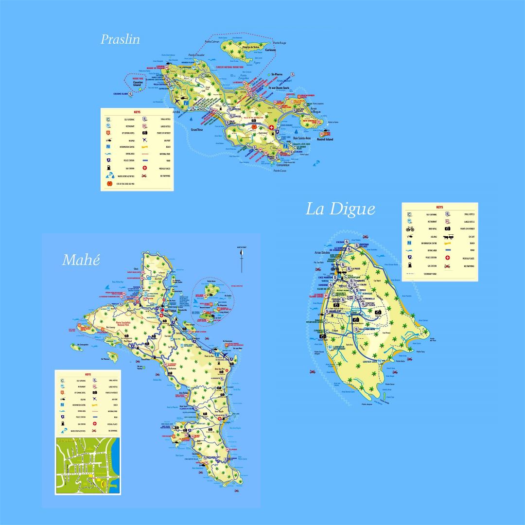 Large detailed tourist map of Seychelles with all marks