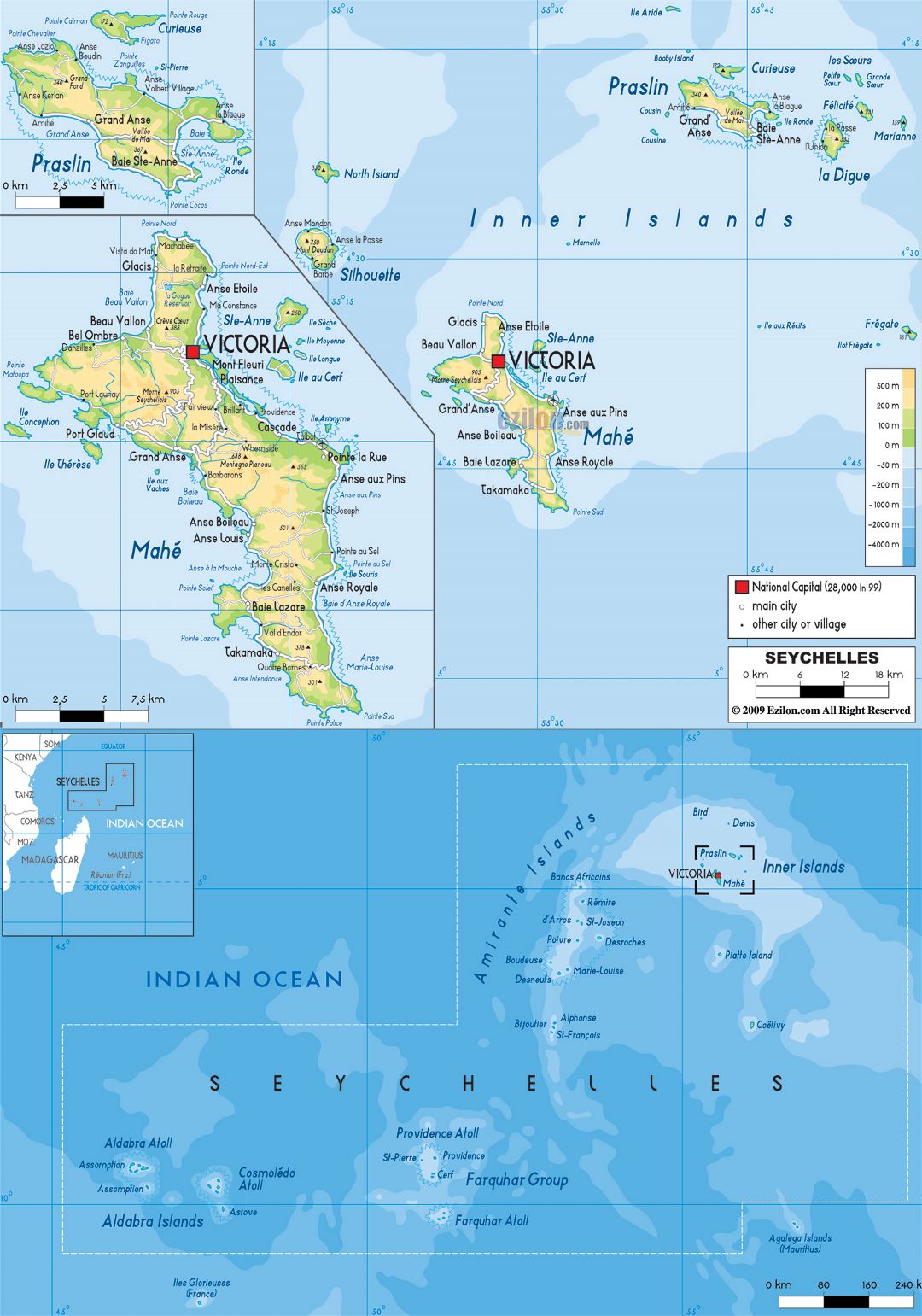 Large physical map of Seychelles with roads, cities and airports