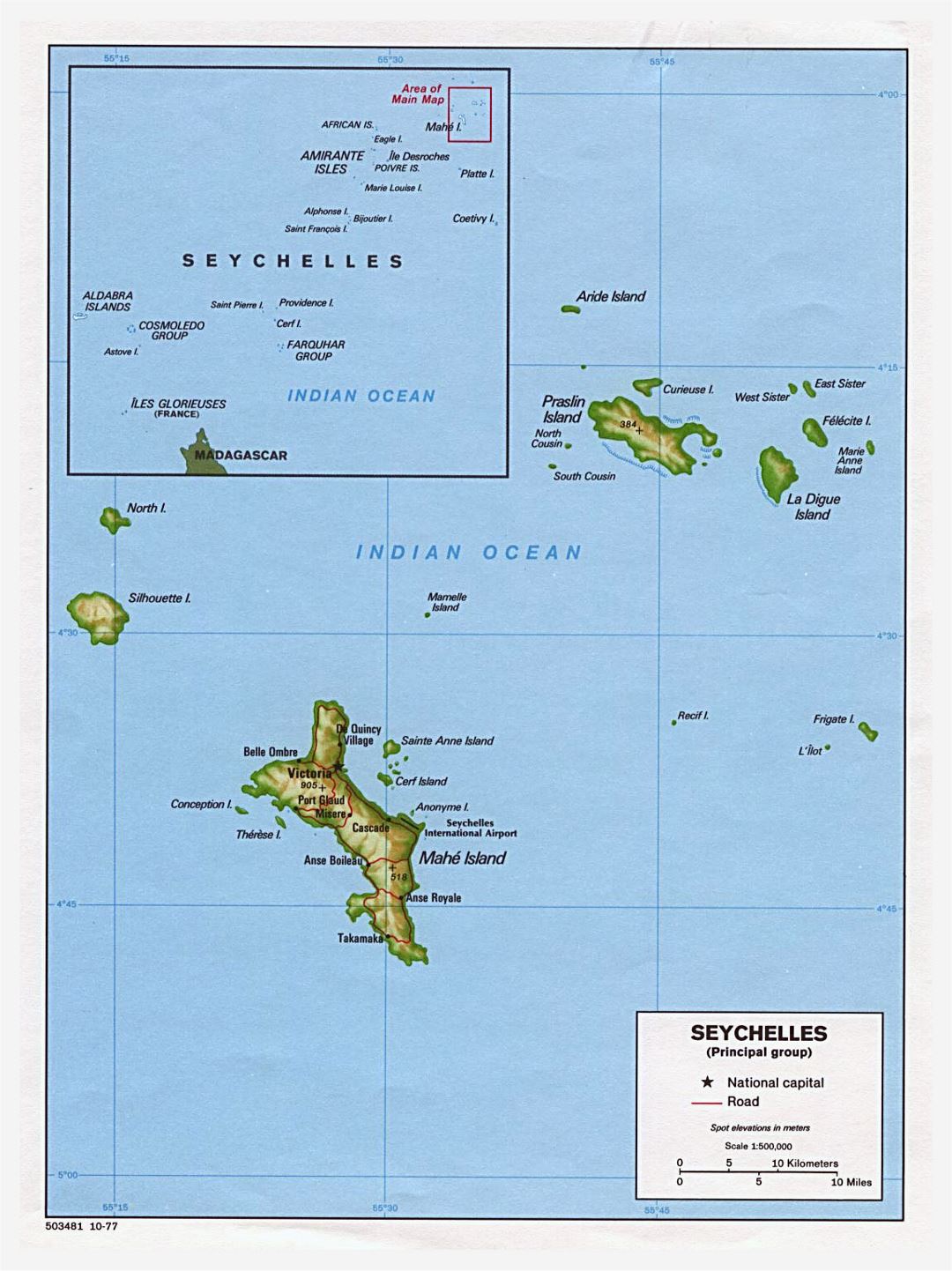 Large political map of Seychelles with relief, roads and major cities - 1977