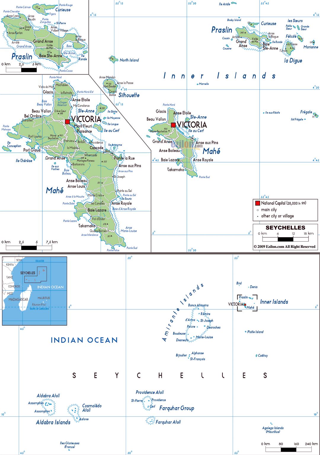 Large political map of Seychelles with roads, cities and airports