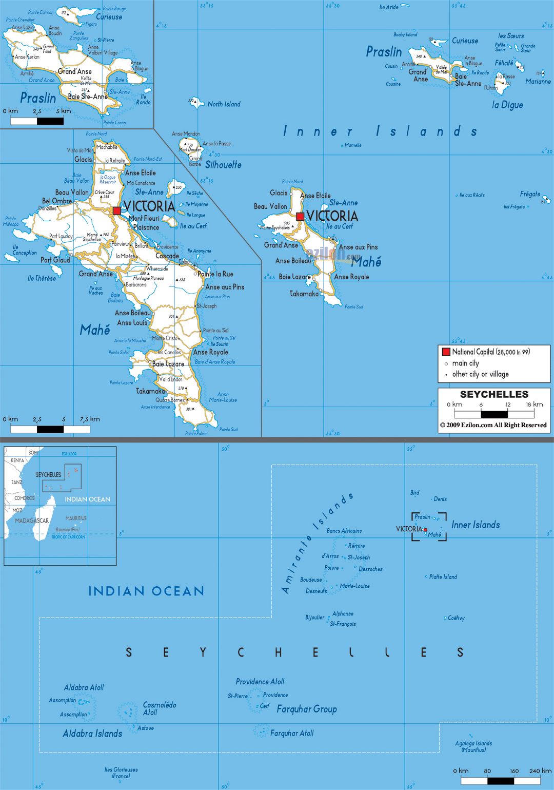 Large road map of Seychelles with cities and airports