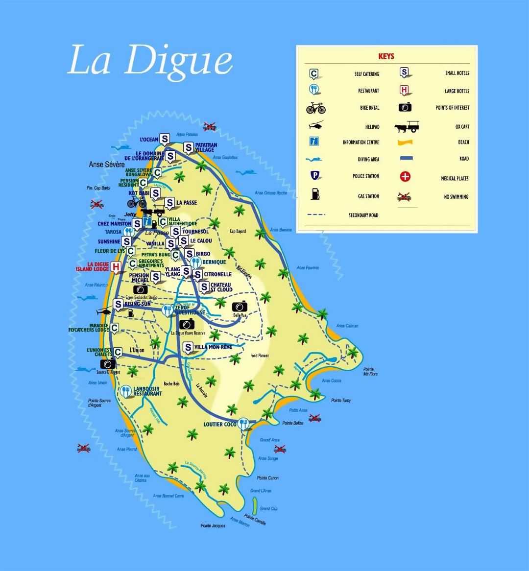 Large tourist map of La Digue Island (Seychelles) with all marks