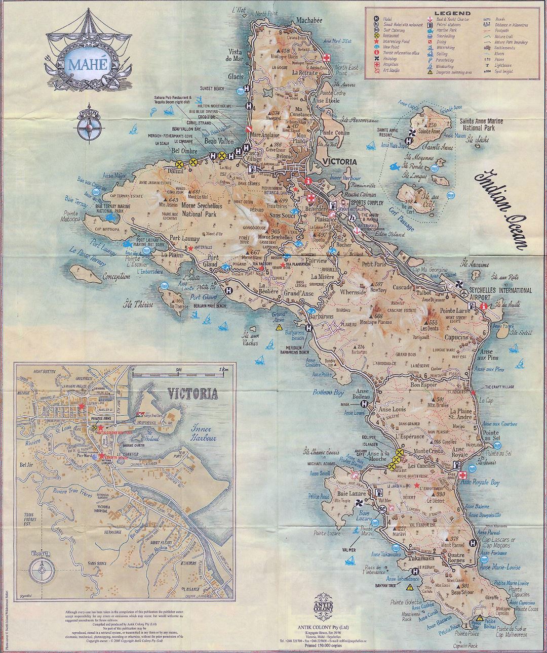 Large travel map of Mahe Island (Seychelles) with other marks