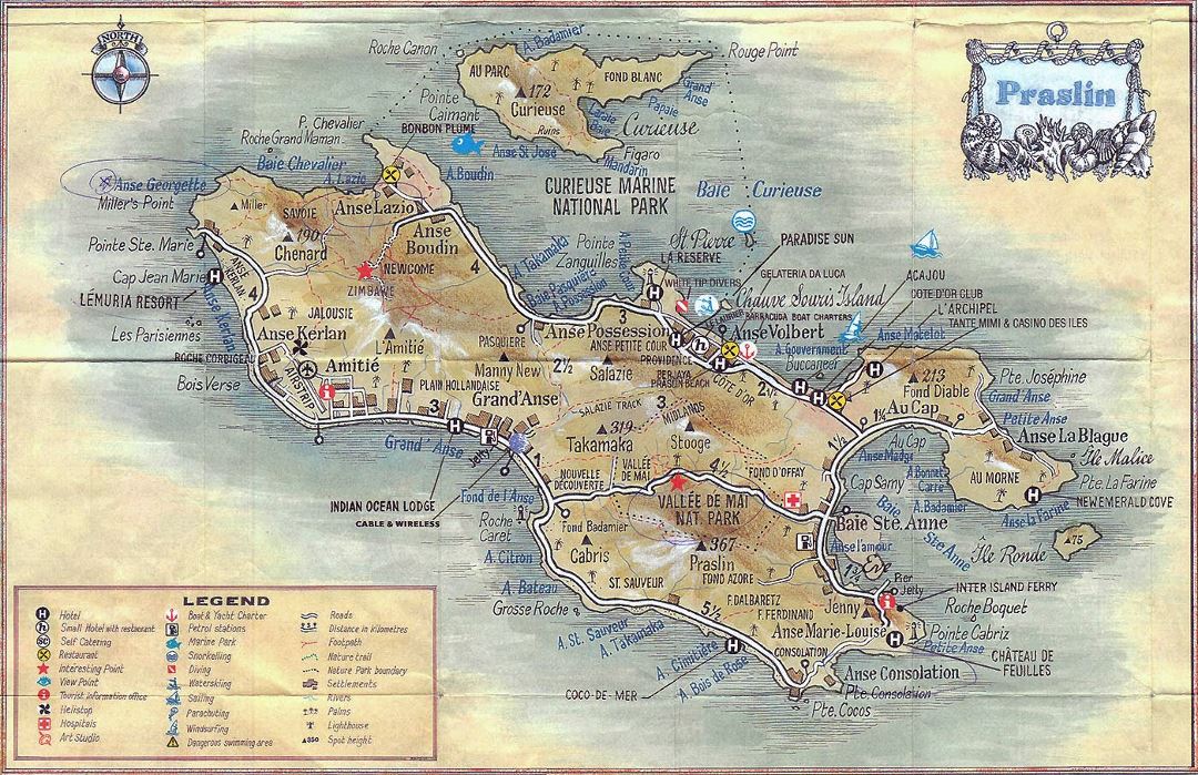 Large travel map of Praslin Island (Seychelles) with other marks