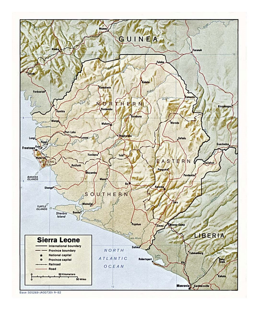 Detailed political and administrative map of Sierra Leone with relief, roads, railroads and major cities - 1982