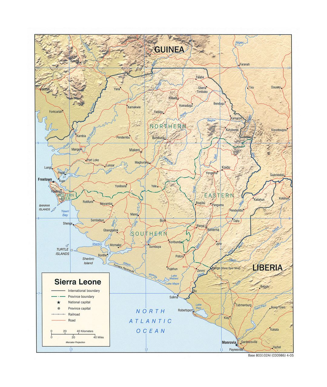 Detailed political and administrative map of Sierra Leone with relief, roads, railroads and major cities - 2005