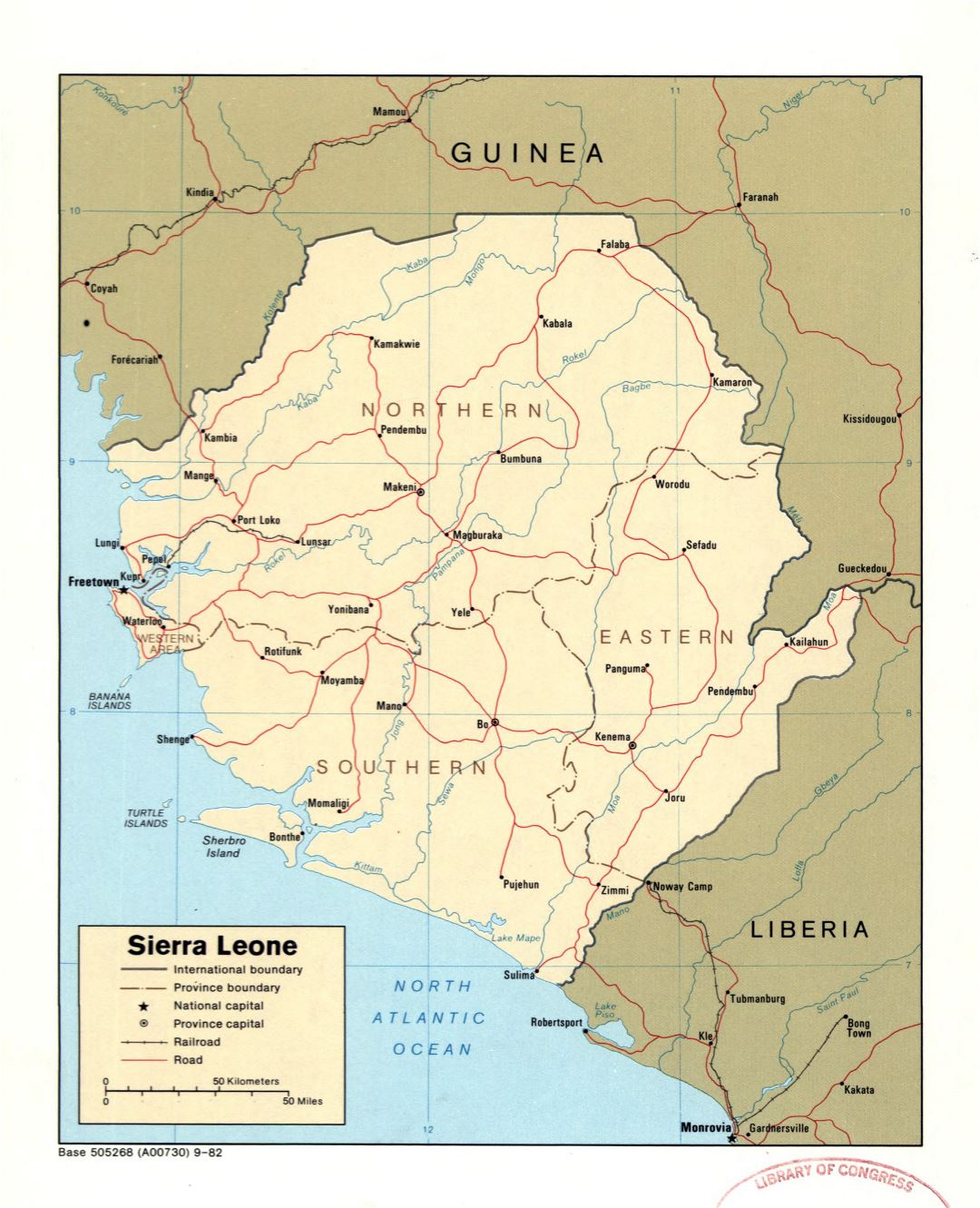 Large detailed political and administrative map of Sierra Leone with roads, railroads and major cities - 1982