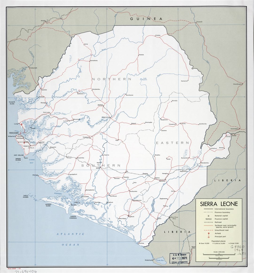 Large detailed political and administrative map of Sierra Leone with roads, railroads, cities, ports and airports - 1969