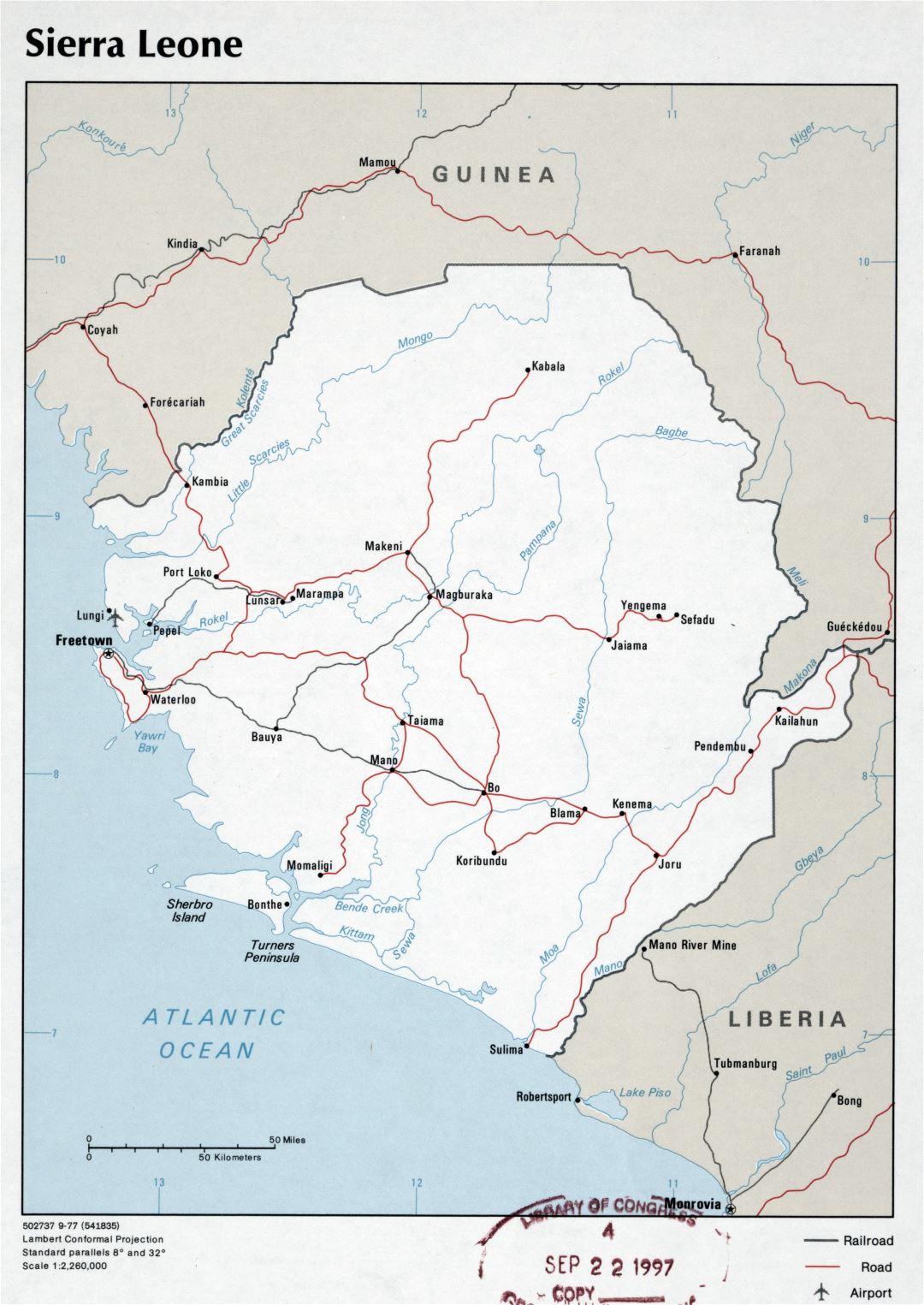 Large detailed political map of Sierra Leone with roads, railroads, major cities and airports - 1977