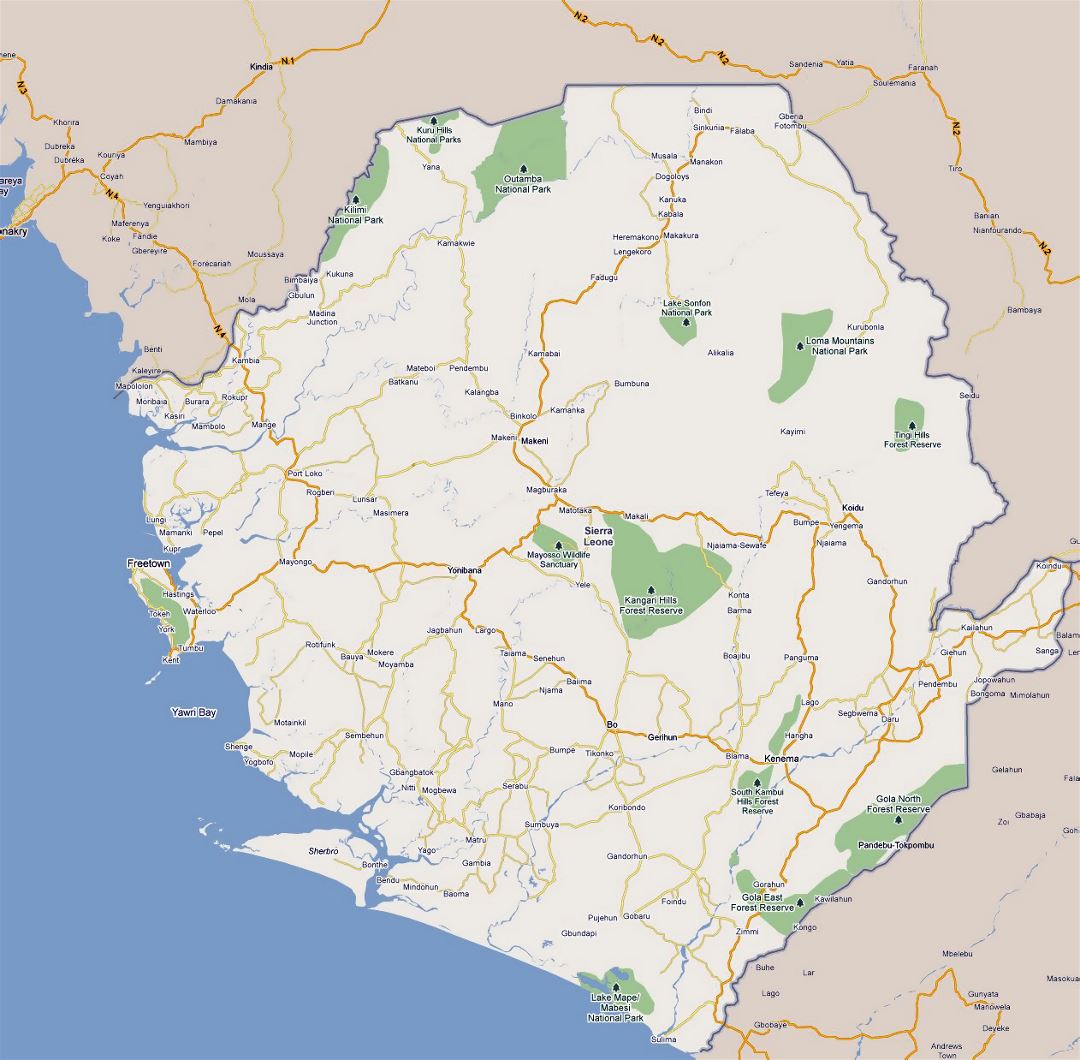 Large road map of Sierra Leone with cities and national parks