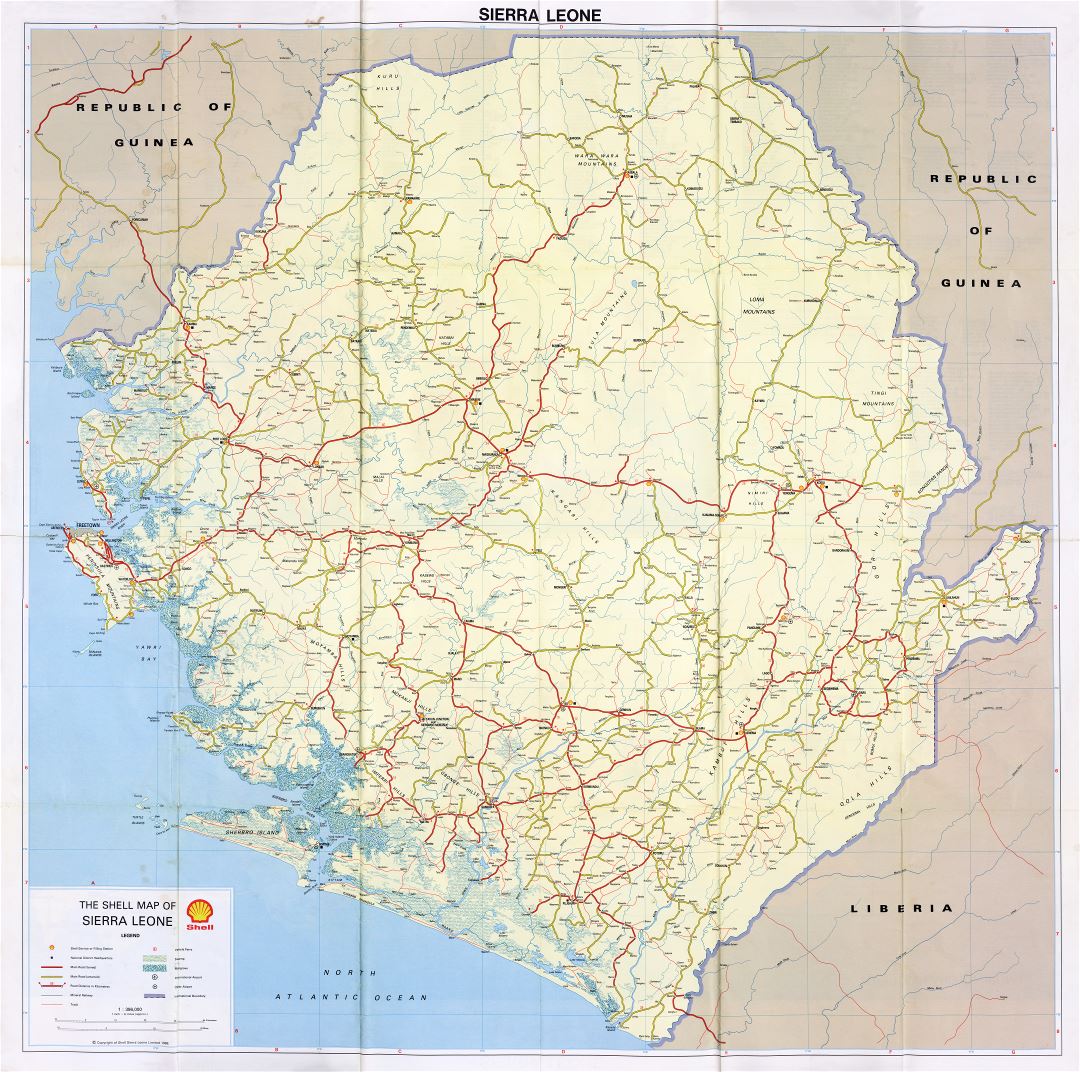 Large scale detailed Shell map of Sierra Leone with all roads, cities, airports and other marks