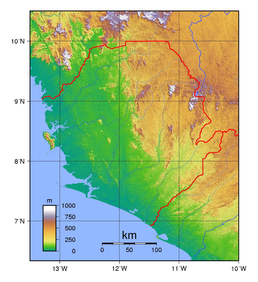 Large topographical map of Sierra Leone