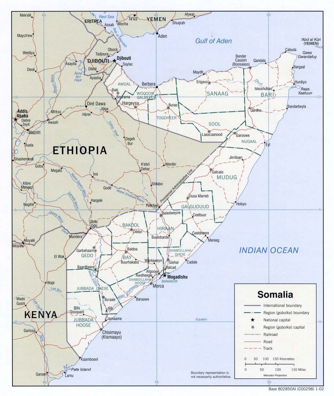 Detailed political and administrative map of Somalia with roads, railroads and major cities - 2002