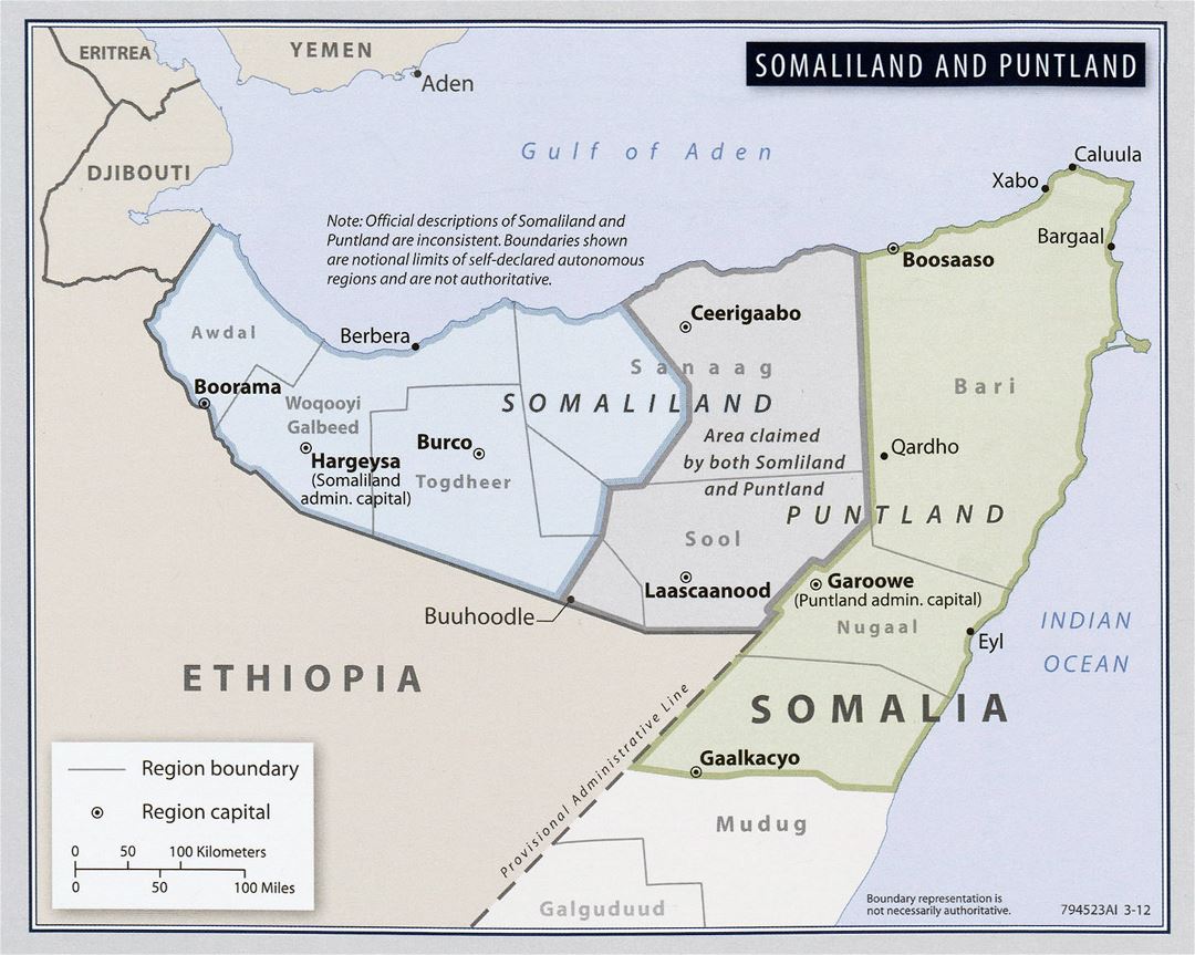 Large detailed map of Somalia Somaliland and Puntland - 2012