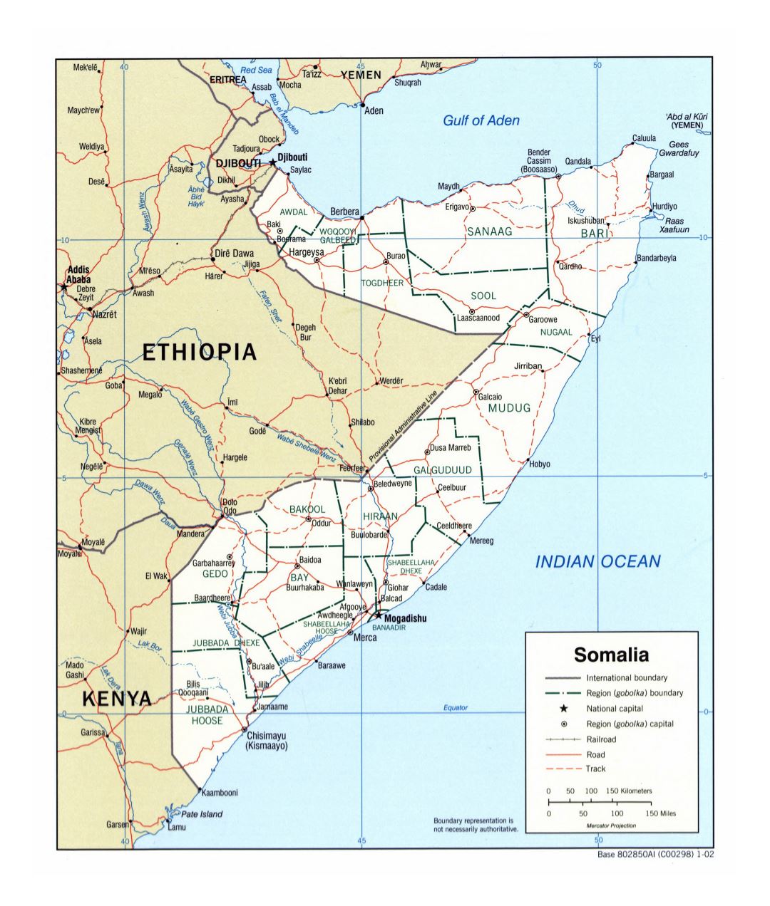 Large detailed political and administrative map of Somalia with roads, railroads and cities - 2002