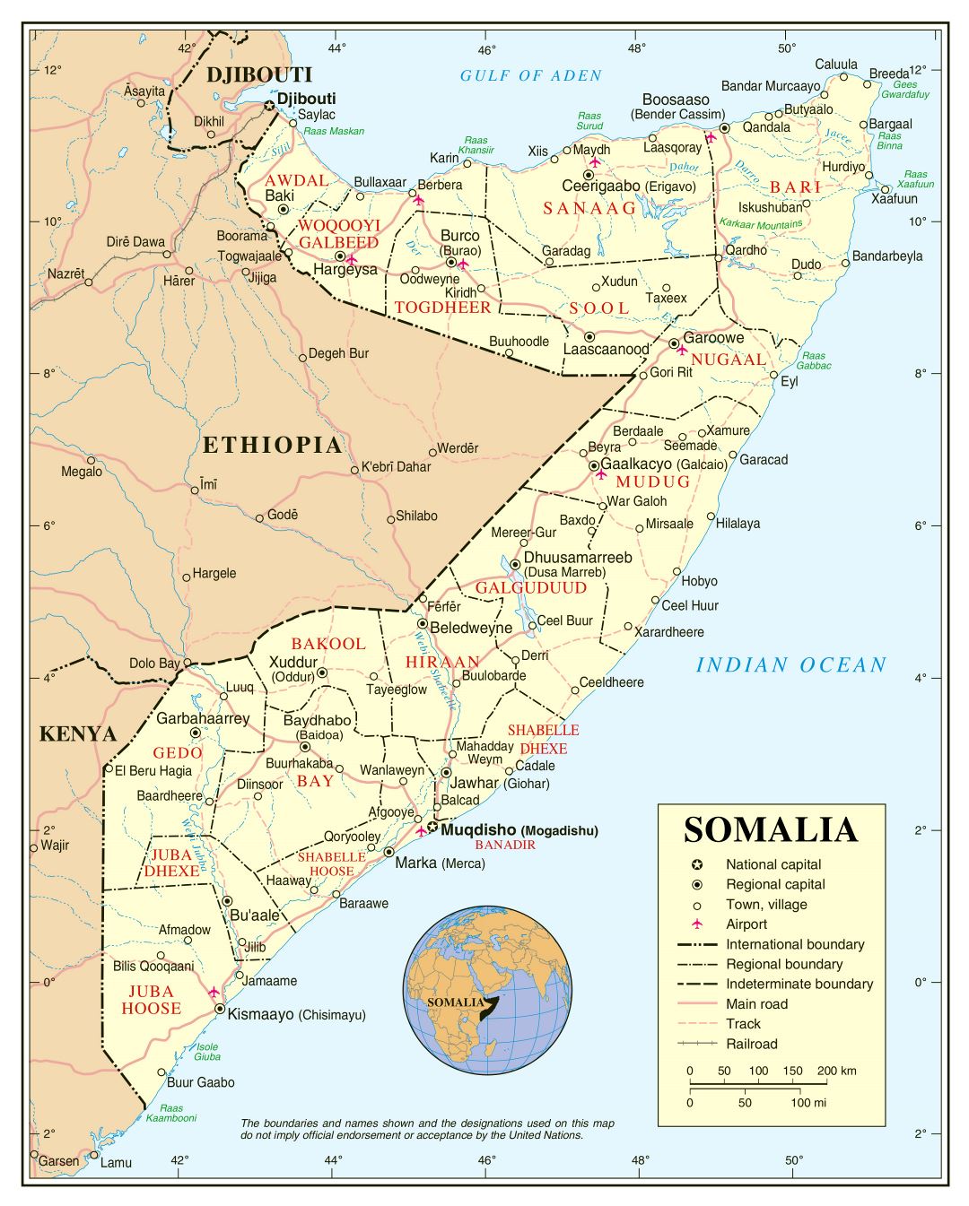 Large detailed political and administrative map of Somalia with roads, railroads, cities and airports