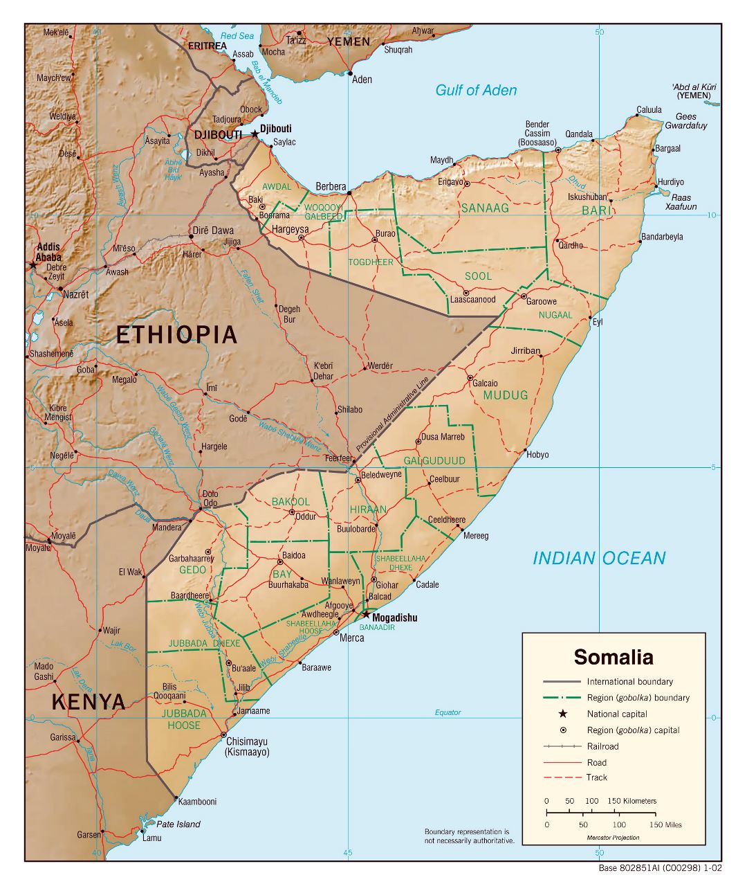 Large political and administrative map of Somalia with relief, roads, railroads and major cities - 2002