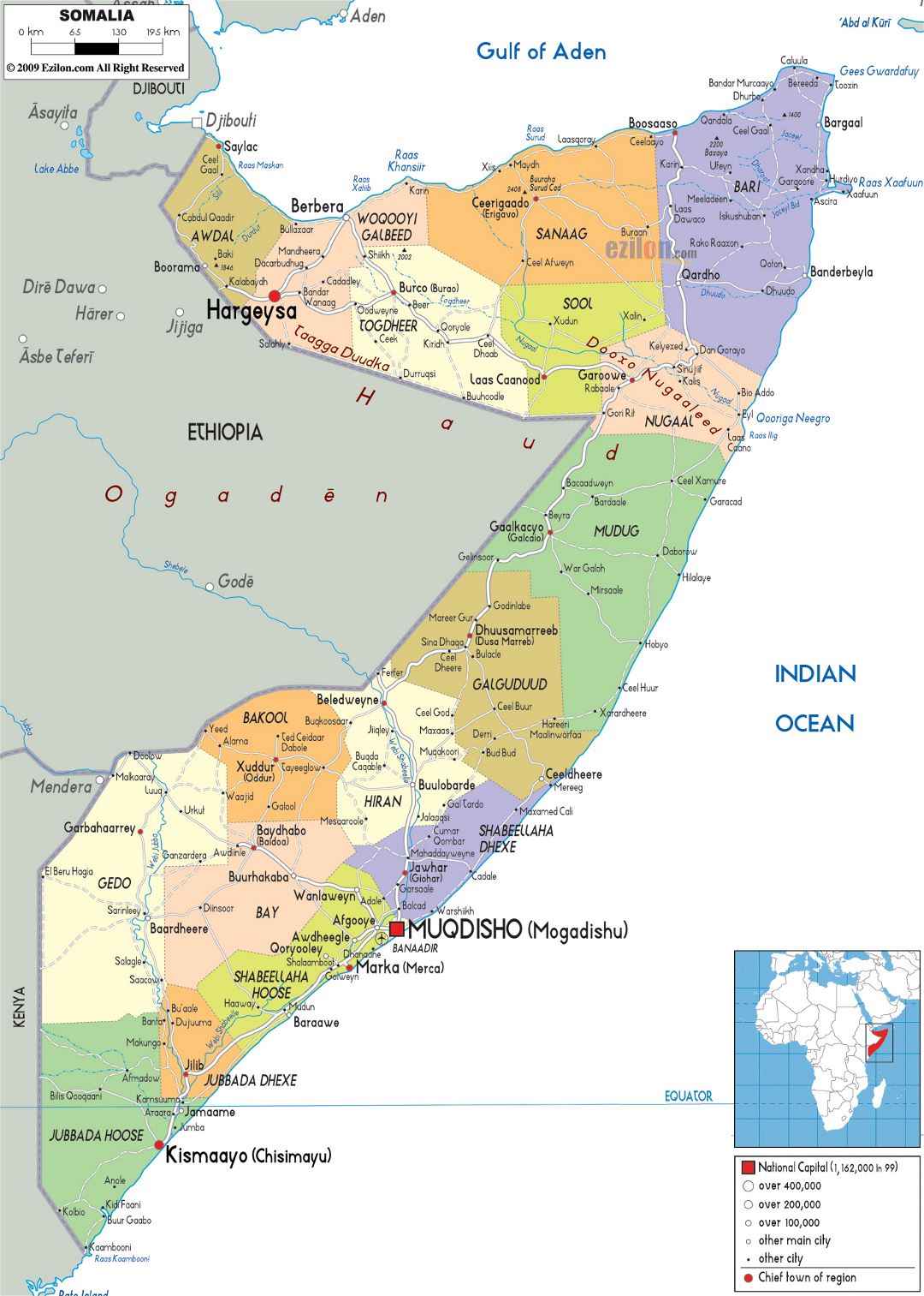 Large political and administrative map of Somalia with roads, cities and airports