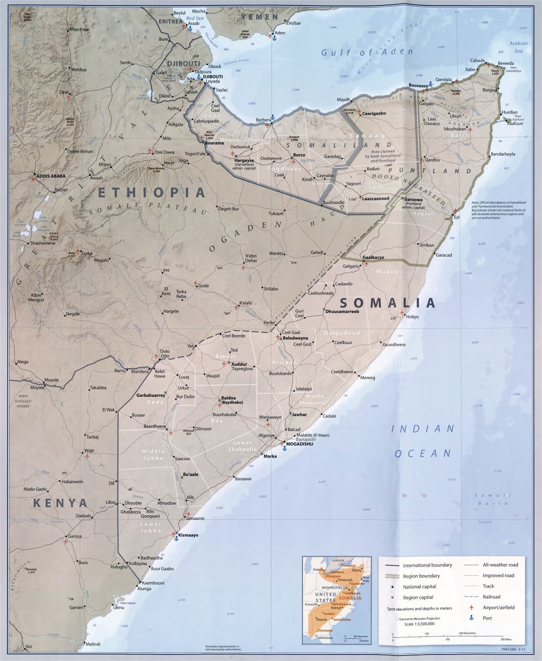 Large scale detailed political and administrative map of Somalia with relief, roads, railroads, cities, ports, airports and other marks - 2012